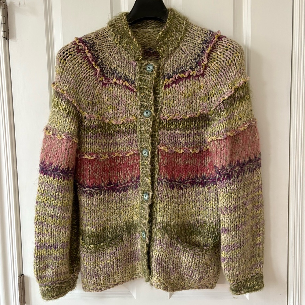 EUC, Handmade Chunky Knit Multicolor Cardigan with Pockets. Green & Pink, Size M